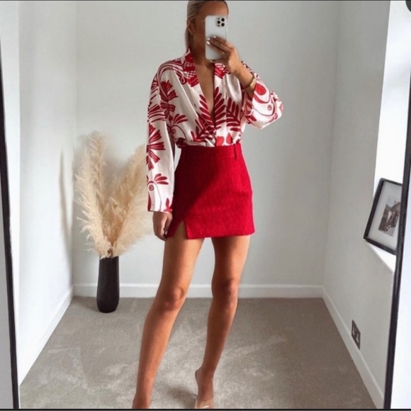 Zara Tweed Mini Skirt Red - Picture 4 of 10